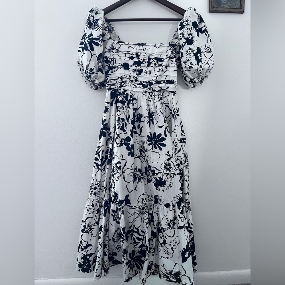 abercrombie & fitch Emerson Poplin Puff Sleeve Midi Dress black and white